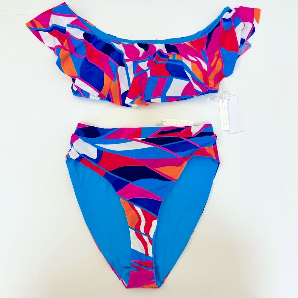 Trina Turk NWT Rio Bikini Set size 6 Off Shoulder Top size 4 Blue Reversible